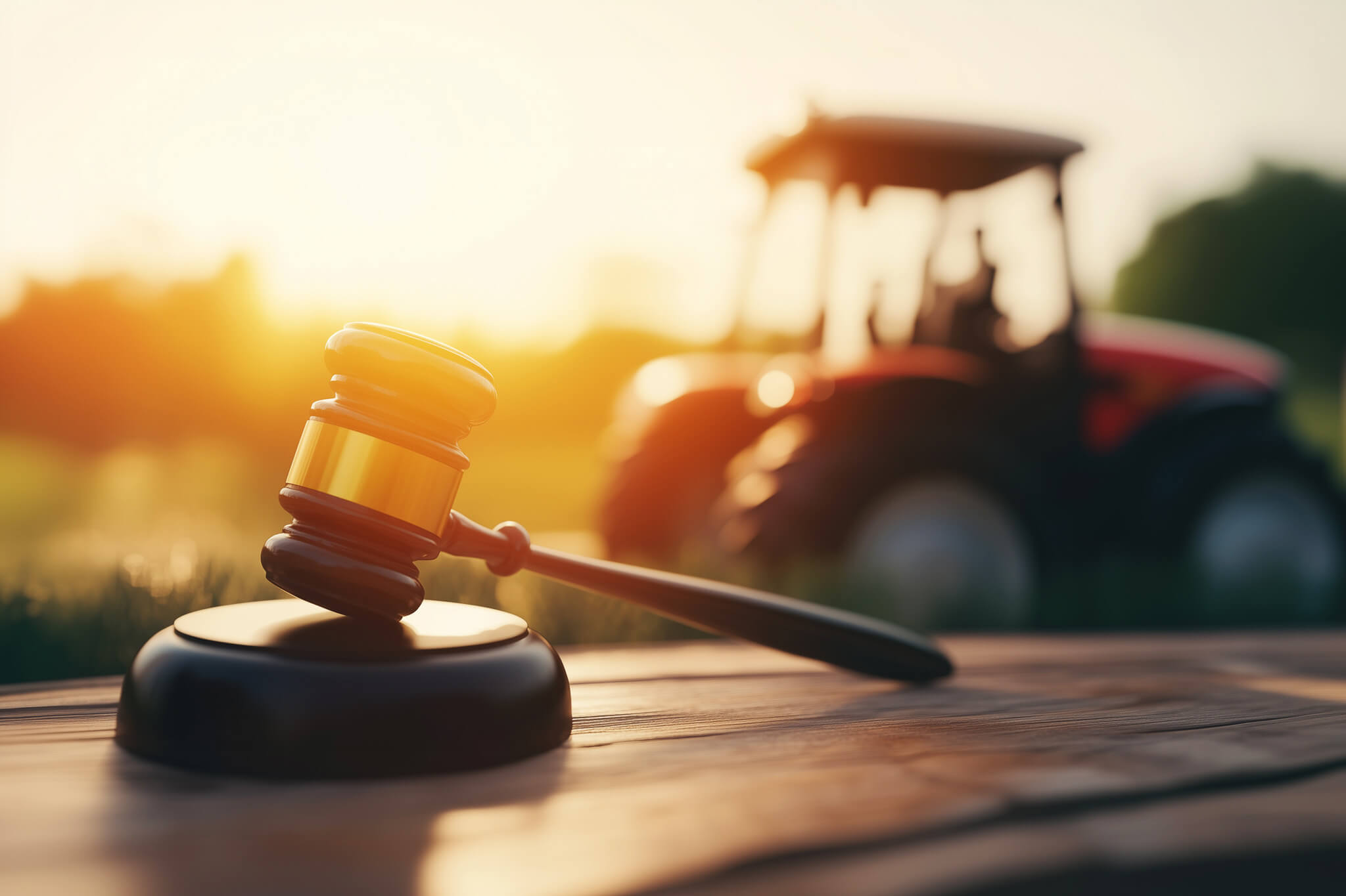 Auction Gavel sitting in front of Farm Equipment available for Auction